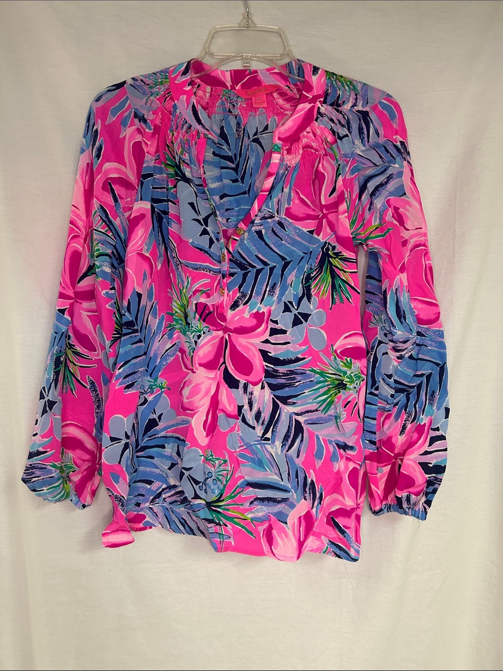 Vibrant Pink Tropical Print Women's Blouse